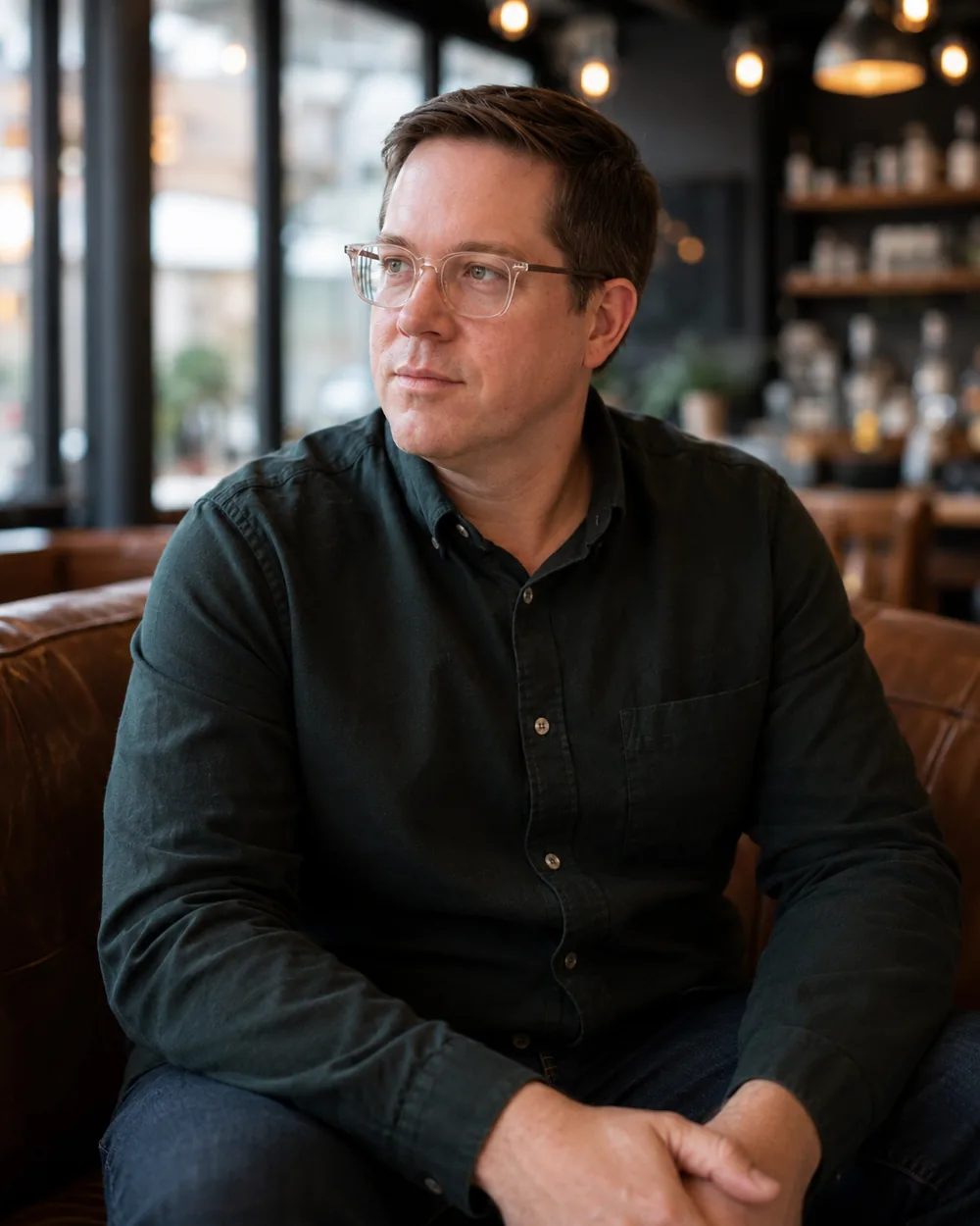 Yair Walton seated in a cafe, looking toward a window
